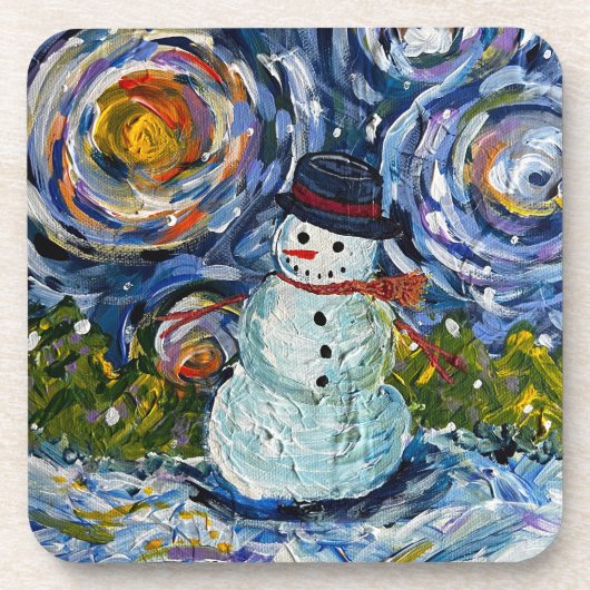 Sneeuwpop harde plastic onderzetters set (Voorkant)