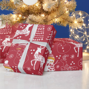 Sneeuwpop, Kerstboom en Hert, Winter Rood Cadeaupapier