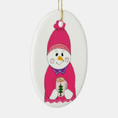 Sneeuwpop meisje met roze muts keramisch ornament (Rechts)