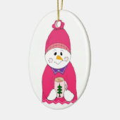 Sneeuwpop meisje met roze muts keramisch ornament (Links)