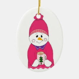 Sneeuwpop meisje met roze muts keramisch ornament