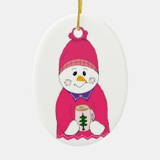 Sneeuwpop meisje met roze muts keramisch ornament (Voorkant)