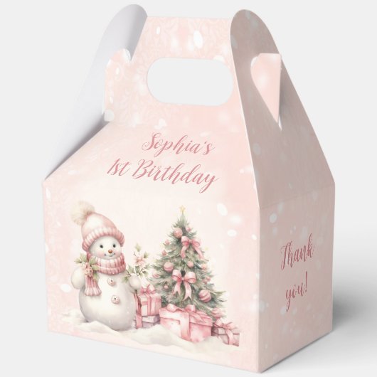 Sneeuwpop Meisje Roze Kerst 1e Verjaardag Groot Bedankdoosjes (Voorkant)