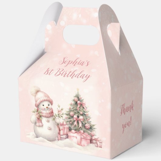 Sneeuwpop Meisje Roze Kerst 1e Verjaardag Groot Bedankdoosjes (Achterkant)