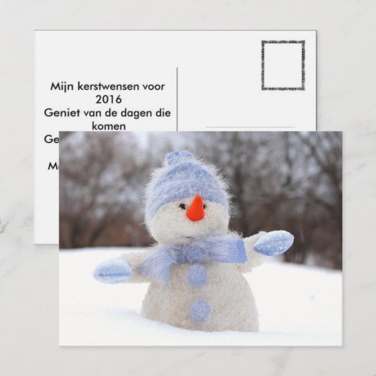 Sneeuwpop met blauwe muts briefkaart (Voorkant / Achterkant)