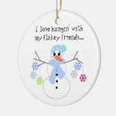 Sneeuwpop met grappige spreuk keramisch ornament (Links)