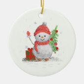 sneeuwpop met kerstboom keramisch ornament (Voorkant)
