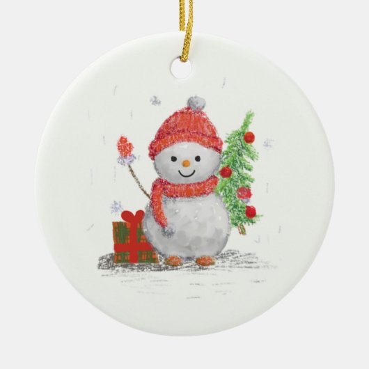 sneeuwpop met kerstboom keramisch ornament (Voorkant)