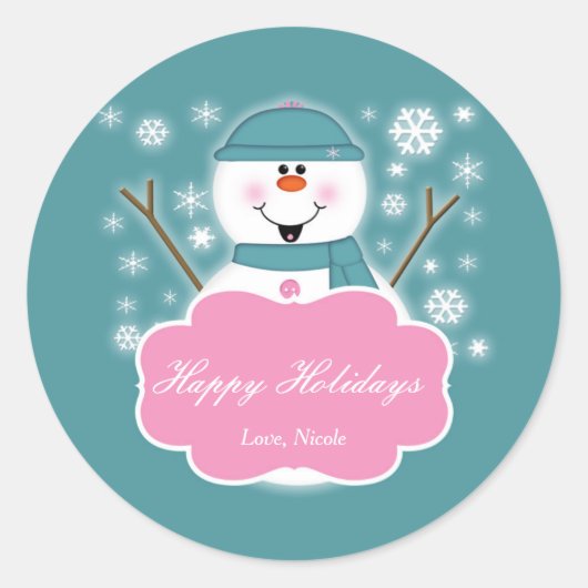 Sneeuwpop Roze & Teal Kerstfeest Sticker (Voorkant)