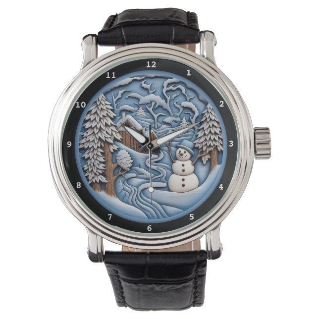 Sneeuwpop Rustiek Winterdorp Horloge (Voorkant)