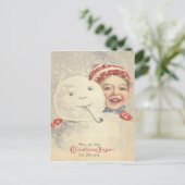 Sneeuwpop van sneeuwjongen met gebreide muts briefkaart (Staand voorkant)