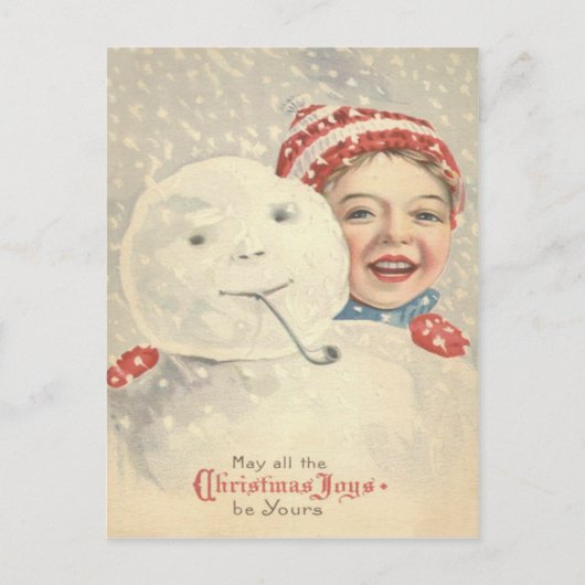 Sneeuwpop van sneeuwjongen met gebreide muts briefkaart (Voorkant)