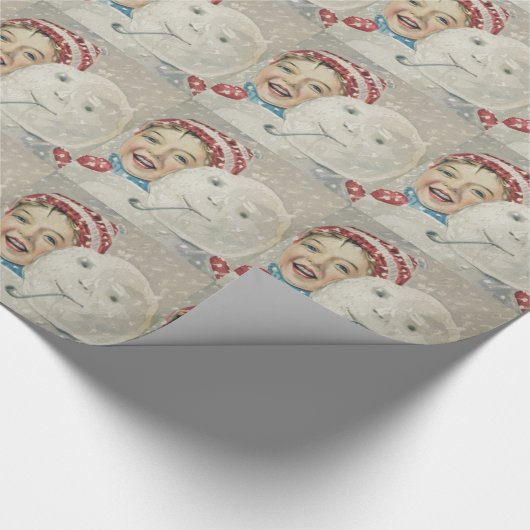 Sneeuwpop van sneeuwjongen met gebreide muts cadeaupapier (Hoek)