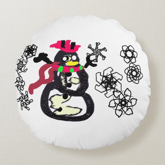 Sneeuwpop winter  rond kussen (Voorkant)