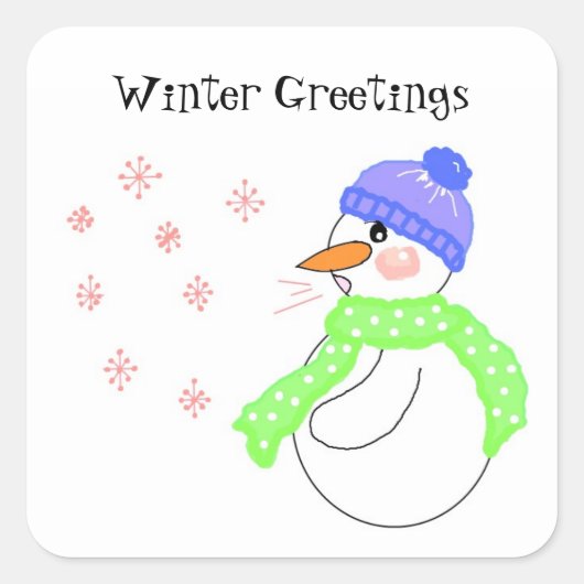 Sneeuwpop Wintergroeten Vierkante Sticker (Voorkant)