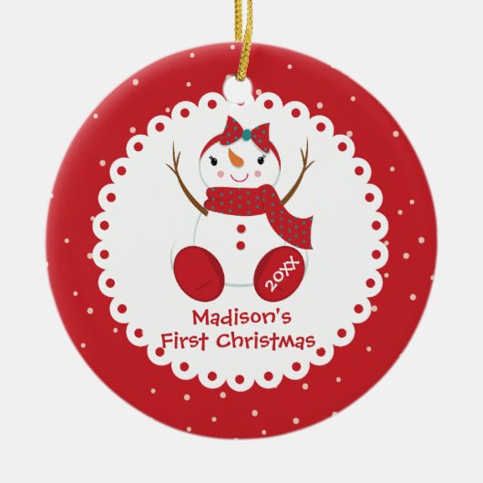 Sneeuwpopje meisje gepersonaliseerde baby's eerste keramisch ornament (Voorkant)