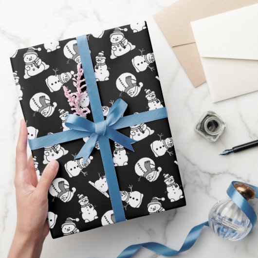 sneeuwpoppatroon | Kerst zwart-wit Cadeaupapier (Geschenken)