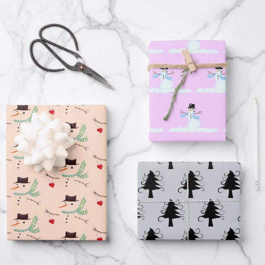 Sneeuwpoppen Bomen Onconventionele Kerstkleuren Inpakpapier Vel (Voorkant)