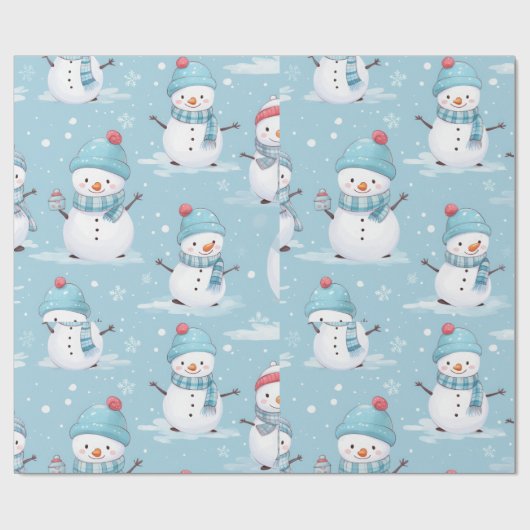 Sneeuwpoppen en sneeuwvlokken Blauw Wit Modern Ker Cadeaupapier (Vlak)