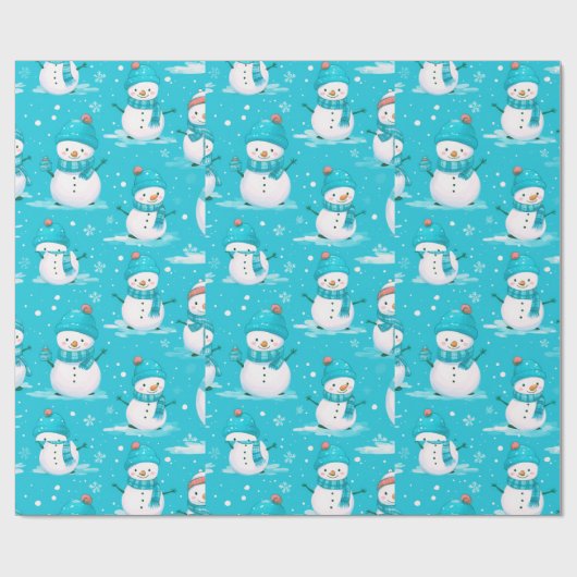 Sneeuwpoppen en sneeuwvlokken Blauw Wit Modern Ker Cadeaupapier (Vlak)