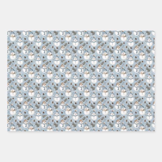 Sneeuwpoppen & Pinecones op Snowy Blue Inpakpapier Vel (Voorkant)