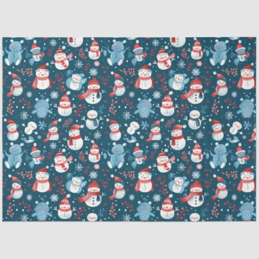 Sneeuwpoppen Teddy Bears Sneeuwvlokken Groen Kerst Tissuepapier (Voorkant)