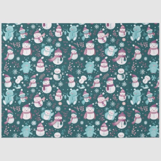 Sneeuwpoppen Teddy Bears Sneeuwvlokken Groen Kerst Tissuepapier (Voorkant)