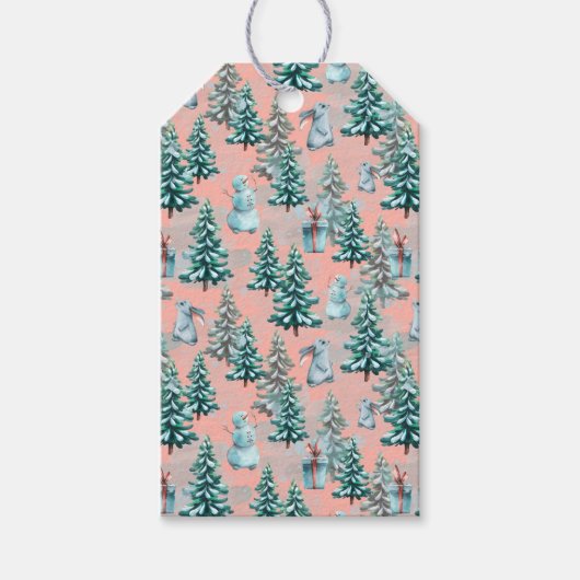 Sneeuwpoppen voor kerstmis, kerstbomen, cadeautjes cadeaulabel (Voorkant)