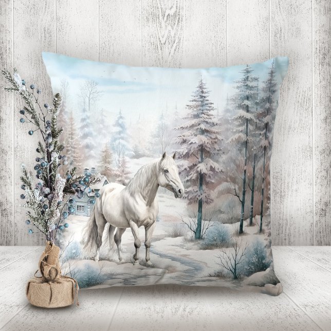 Sneeuwrijk bos Paard winterscène Kerstmis Kussen (Snowy forest Horse winter scene Christmas Throw Pillow)