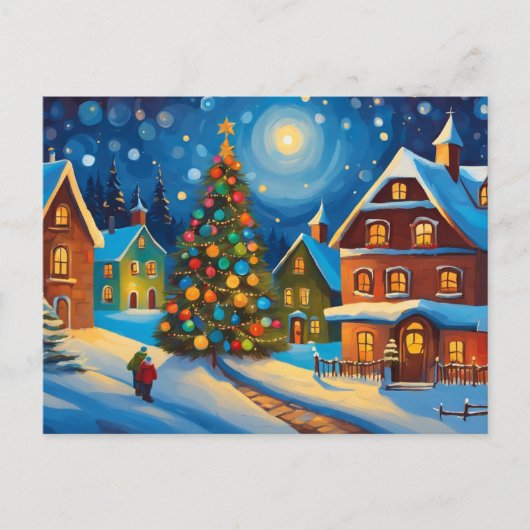 Sneeuwrijk dorp op kerstavond briefkaart (Voorkant)