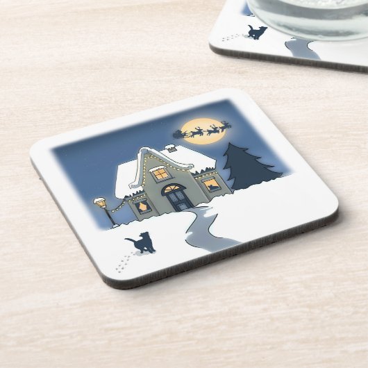 Sneeuwrijk, Sterrennacht, met Cat en Santa Sleigh Bier Onderzetter (Linkerzijde)