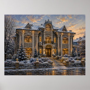 Sneeuwrijk Victoriaans landhuis olieverfschilderij Poster