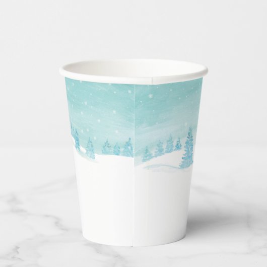 Sneeuwrijk winterbos landschap met sparren papieren bekers (Rechts)