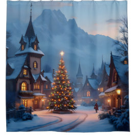 Sneeuwrijke avond op het plein -  douchegordijn