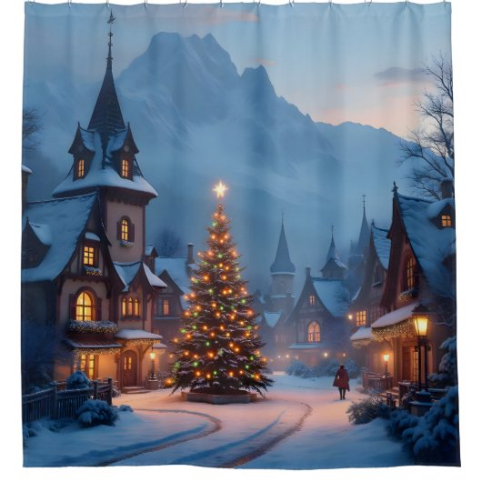 Sneeuwrijke avond op het plein - douchegordijn (Voorkant)