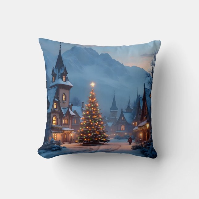 Sneeuwrijke avond op het plein – Kerstdorpsscene Kussen (Voorkant)