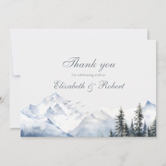 Sneeuwrijke Berg & dennen Bomen Bruiloft Bedankkaart (Voorkant)