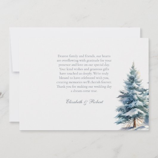 Sneeuwrijke Berg & dennen Bomen Bruiloft Bedankkaart (Achterkant)