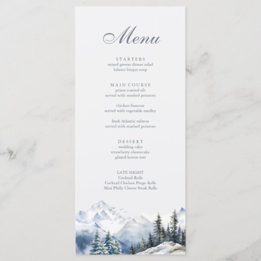 Sneeuwrijke Berg & dennen Bomen Bruiloft Menu (Voorkant)