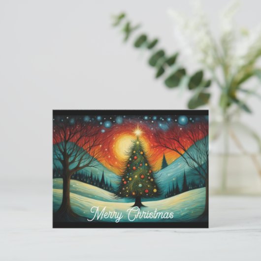 Sneeuwrijke Berg Winter Nacht Maan Kerstboom Feestdagenkaart (Staand voorkant)