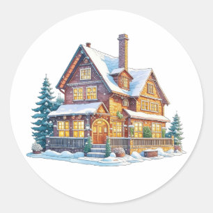 Sneeuwrijke blokhut Kerst Ronde Sticker
