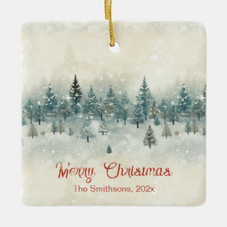 Sneeuwrijke dennenbomen keramisch ornament