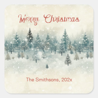 Sneeuwrijke dennenbomen Vintage Kerstmis Vierkante Sticker