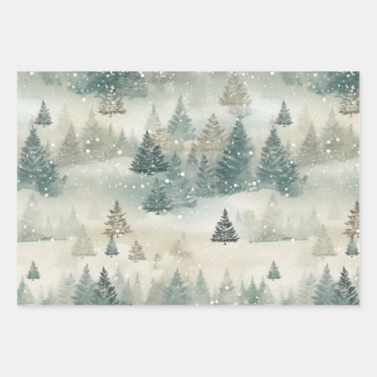 Sneeuwrijke dennenbomen  Waterverf Inpakpapier Vel (Voorkant 3)