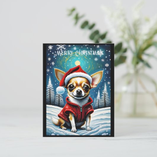 Sneeuwrijke dennenboom Schattige Chihuahua Santa C Briefkaart (Staand voorkant)