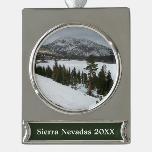 Sneeuwrijke Ellery Lake California winterlandschap Verzilverd Banner Ornament (Voorkant)