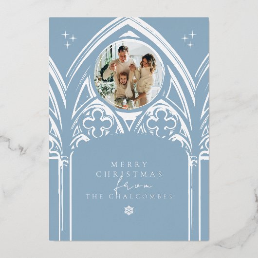 Sneeuwrijke gotische winter sprookje kerstblauw fo folie feestdagenkaart (Voorkant)