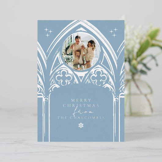 Sneeuwrijke gotische winter sprookje kerstblauw fo folie feestdagenkaart (Staand Voorkant)