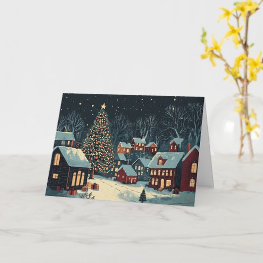 Sneeuwrijke huizen met feestelijke verlichting kaart (Gele Bloem)