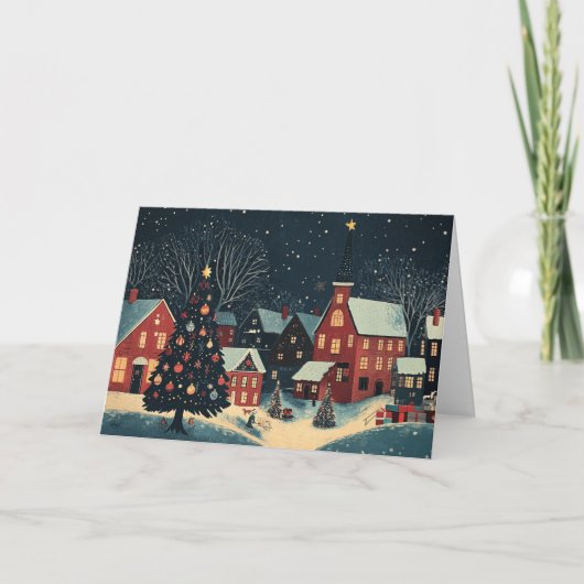 Sneeuwrijke huizen met versierde bomen kaart (Voorkant)